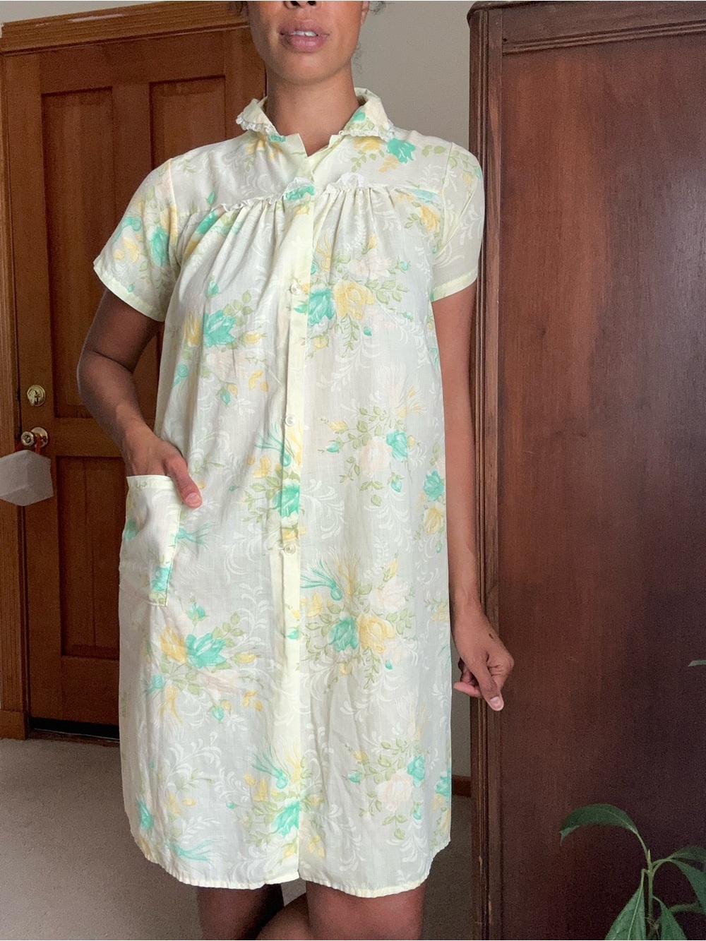 Light Floral Button-Up Nightgown in Cream with Mint and Yellow Flowers